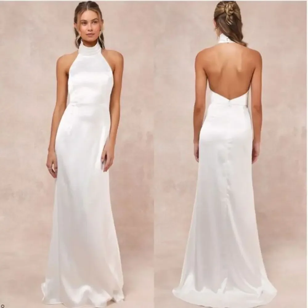 Lulus‎ Women's Luxe Destiny White Satin Backless Halter Mermaid Maxi Dress XL